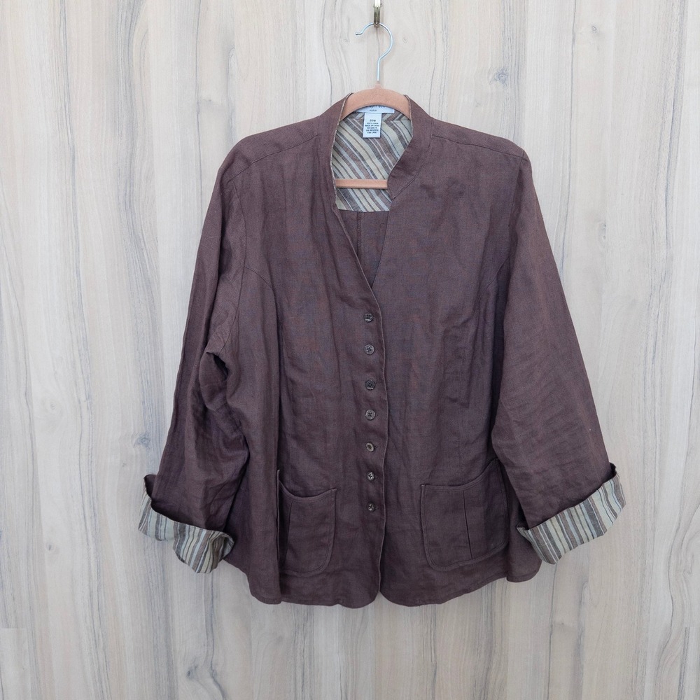 Paraphrase Womens Linen Jacket 20W Brown Button Front Coastal Lagenlook Earthy